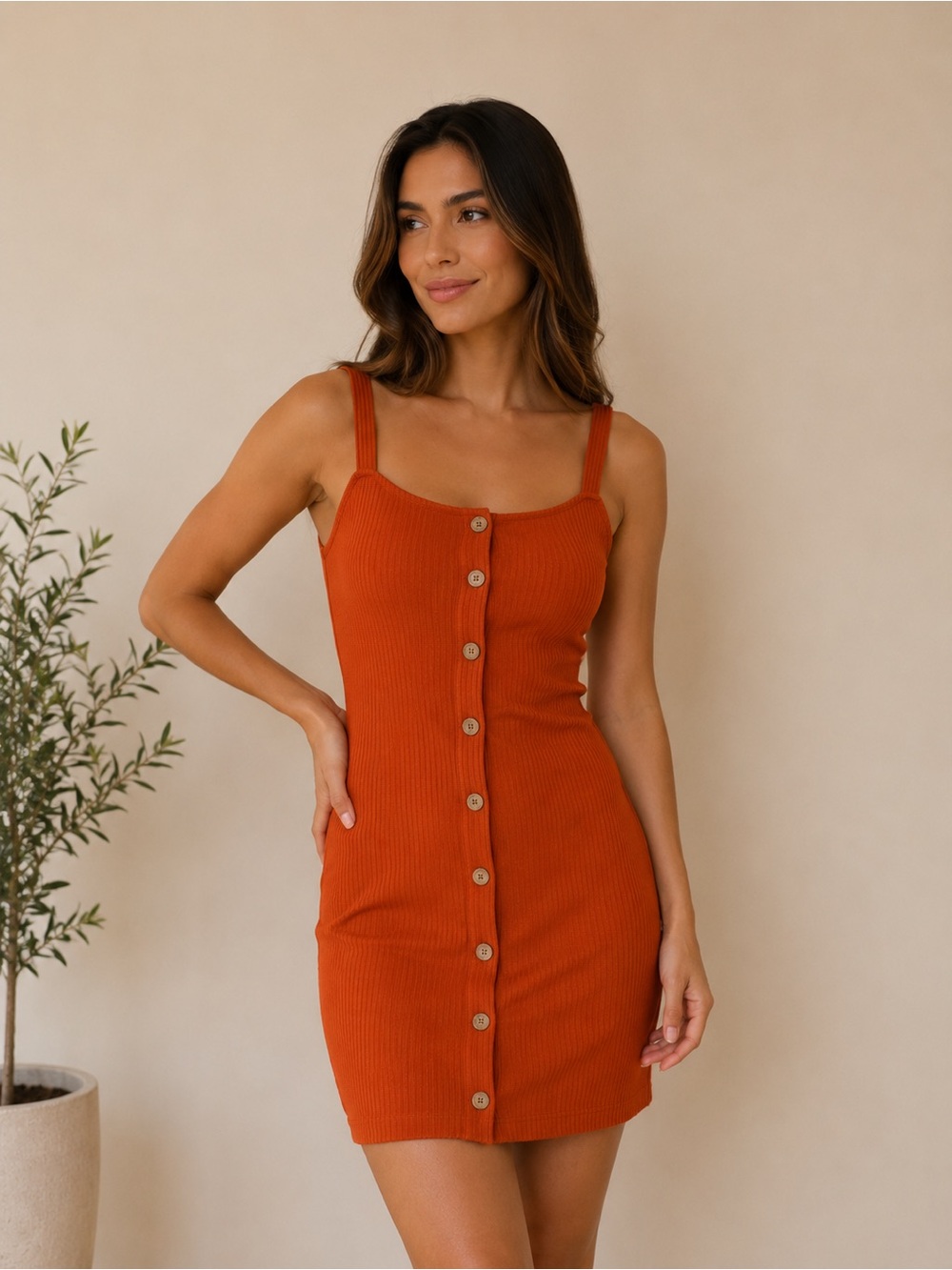 IRIS Orange Ribbed Button Front Bodycon Mini Dress Size M